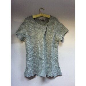 Flax Womens Medium Green 100% Linen Diamond Pattern Short Sleeve Blouse Top New